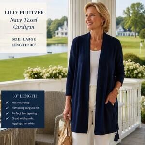 Lilly Pulitzer Navy Blue Knit Open Cardigan Tunic Length Longline Cotton Large